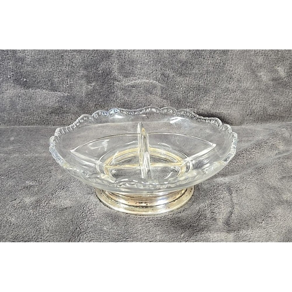 Vintage Clear Glass Bowl Scalloped Divided Relish Console Candy Footed Textured